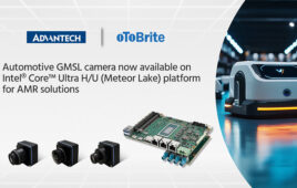 A graphic showing oToBrite's automotive GMSL cameras and the Intel Core Ultra H/U which works with Advantech's AI.