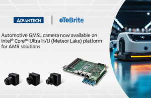 A graphic showing oToBrite's automotive GMSL cameras and the Intel Core Ultra H/U which works with Advantech's AI.