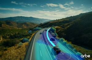 An illustration of Arbe Robotics radar in action as a car drives down a quiet highway.