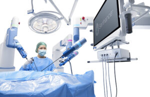 A view of Asensus Surgical's Senhance Surgical System with a surgeon operating the system.