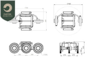 Four drawings showing the blueprints of a mobile robot with three wheels.