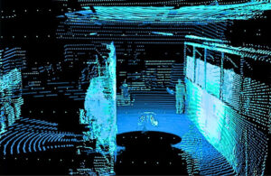 A blue and white lidar scan of a room using Cyngn's technology.