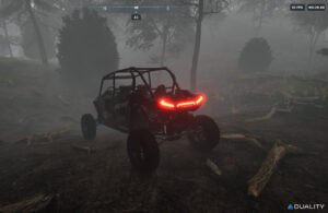 A Duality simulation of a vehicle with headlights glowing, driving through dark and foggy woods.