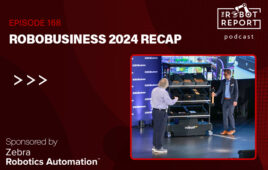 podcast cover art with inset image of steve crowe and rodney brooks on stage at keynote for robobusiness 2024.