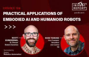 headshots of Dr. Russ Tedrake from Toyota Research Institute, and Scott Kuindersma from Boston Dynamics with The Robot Report podcast logo. This episode also recaps FIRA.