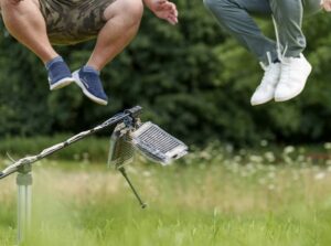 a robot leg using artificial muscles to jump.