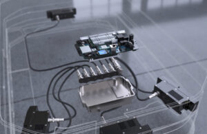 An image of Intel's robotic vision hub. You can see the outline of an AMR, with the hardware of the vision hub being the only thing visible.