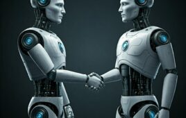 an AI generated image of two humanoid robots shaking hands.