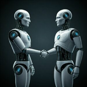 an AI generated image of two humanoid robots shaking hands.