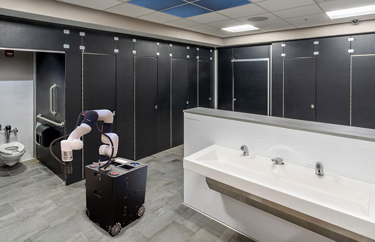 HiveBotics used MoveIt Pro to develop the Abluo bathroom-cleaning robot shown here.