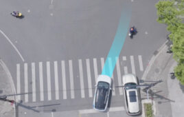 A bird's eye-view of two cars at an intersection. One car has a blue line in front of it, indicated it will pull in front of the other car.