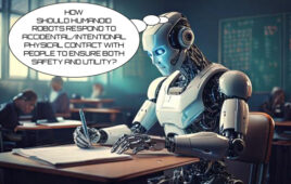 humanoid robot sitting at a desk tasking a survey with a voice bubble over it's head saying: "How should humanoid robots respond to accidental/intentional physical contact with people to ensure both safety and utility?"