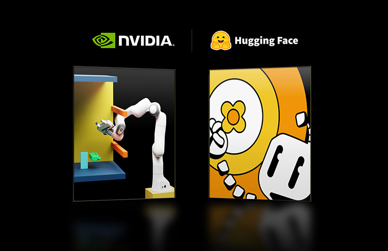 Logos of NVIDIA and Hugging Face, which are collaborating on open-source AI R&D.