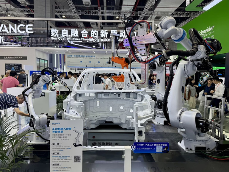 China-based Inovance shows robots working in a body-in-white automotive workcell.