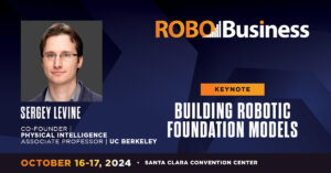 A promotional image for Sergey Levine's keynote talk at RoboBusiness.