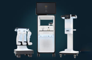 An image showing the J&J Auris Monarch surgical system, one a white and black device with three arms, another a stand with a monitor, and the third looks like a black and white podium.