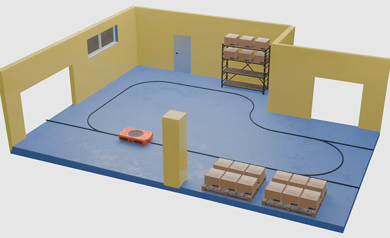 Naviq describes magnetic mobile robot guidance, shown here in a rendering, as the industry workhorse.