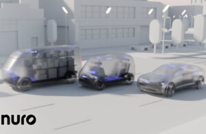 An illustration of three vehicles, a sedan, a purpose-built robotaxi, and a truck carrying boxes, all in grey scale with the Nuro logo at the bottom.