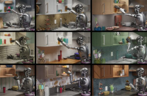 Nine scenes of a humanoid robot performing tasks in a kitchen.