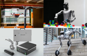 Four images showing some of the top stories on The Robot Report in October, in the top left a Corvus drone flying through a warehouse, then Fourier's GR-2 humanoid stacking boxes, then Universal Robots' UR AI Accelerator toolkit, then the Swiss-Mile wheeled quadruped.