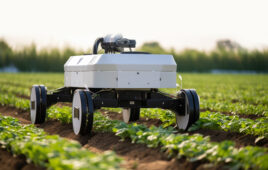 mobile robot drives over crops in a field.