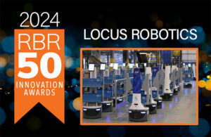 locus robot fleet in a warehouse with RBR50 logo.