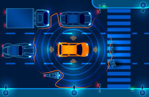 An illustration of a bird's eye view of a street. In the middle lane is a yellow car with lines indicating sensors all around it. Researchers are developing ways to improve safety during robot development.