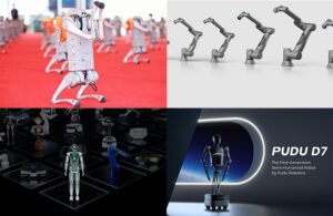 An image showing some of the top stories of September 2024, including a Unitree quadruped standing on its hind legs, a range of cobot arms, a humanoid robot, and a wheeled humanoid robot.