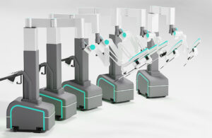 Five white surgical robotic arms on grey and blue carts from SS Innovations.