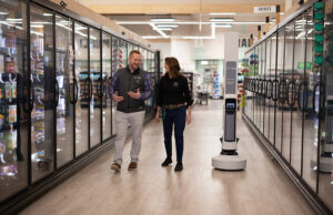 Simbe Robotics' Tally inventory robot in a frozen food section of a grocery store.