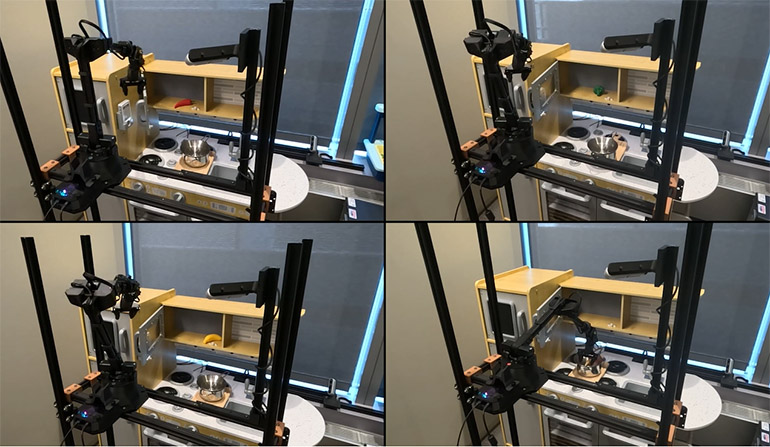 Researchers used Theia to train a policy enabling a robot arm to microwave various types of toy food.