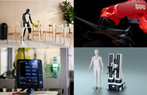 An image showing some of the top stories from August 2024, including a Figure 02 robot performing household tasks, READY Robotics' ForgeOS interface, a Rapid Robotics robot arm, and a new mobile manipulator.