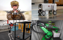 Four images showing some of the top stories on The Robot Report in November 2024. In the upper left corner, a soldier holding a Red Cat drone, to the right, the base of Collaborative Robotics' Proxie robot. In the second row, a Digit robot from Agility Robotics putting a tote onto a rack, and next to it, a green Pickle Robot, a large robotic arm for loading and unloading trailers.