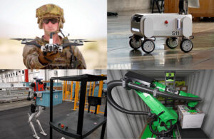 Four images showing some of the top stories on The Robot Report in November 2024. In the upper left corner, a soldier holding a Red Cat drone, to the right, the base of Collaborative Robotics' Proxie robot. In the second row, a Digit robot from Agility Robotics putting a tote onto a rack, and next to it, a green Pickle Robot, a large robotic arm for loading and unloading trailers.