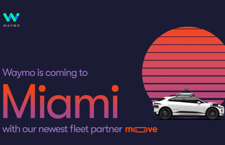 A graphic showing a Waymo vehicle against a dark blue background. The graphic says "Waymo is coming to Miami, with our newest fleet partner Moove."