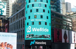 A WeRide advertisement on the Nasdaq building in New York City.